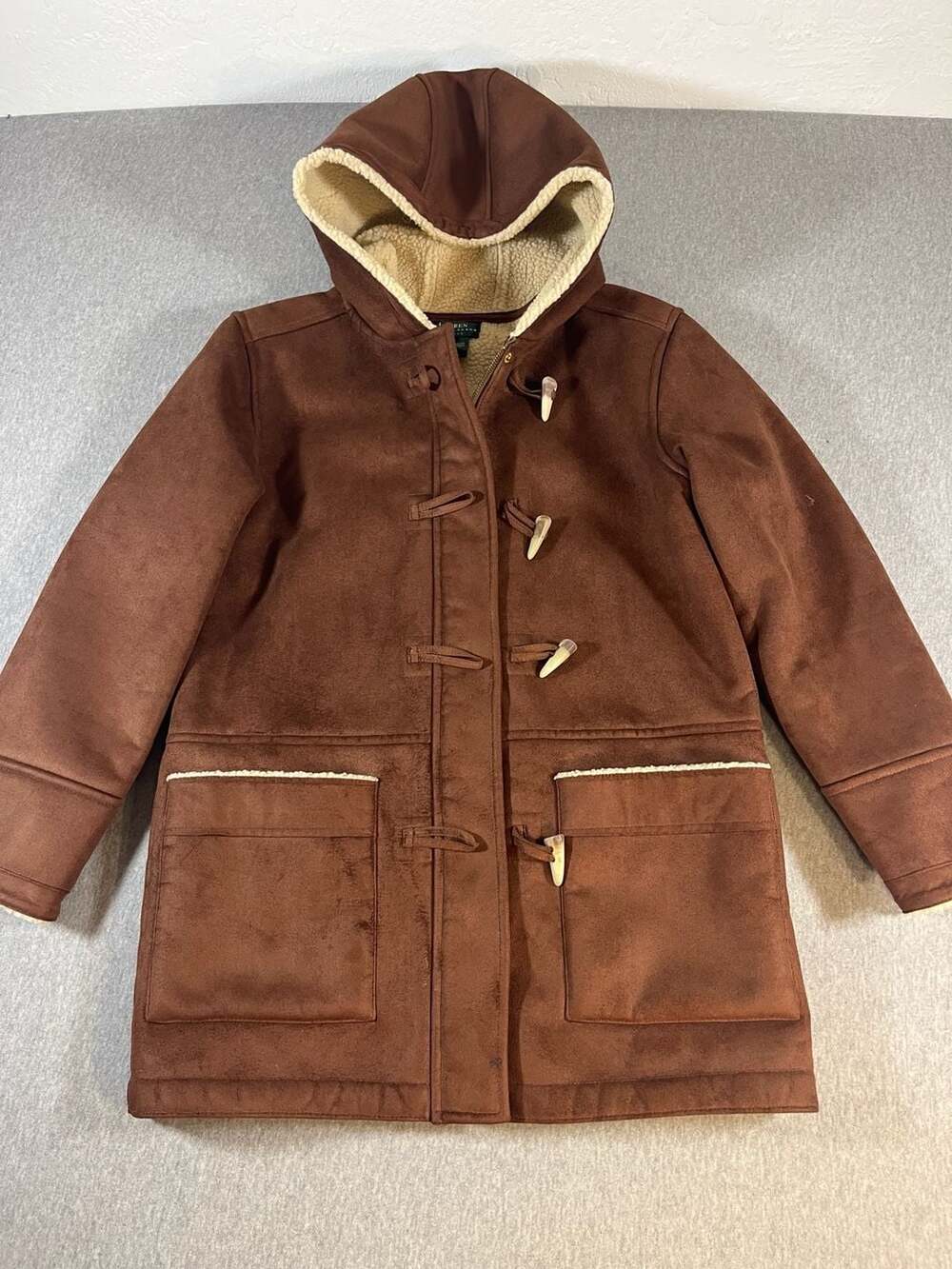 Lauren Ralph Lauren Brown Sherpa Lined Hooded Duffle Coat Jacket Women’s P/P